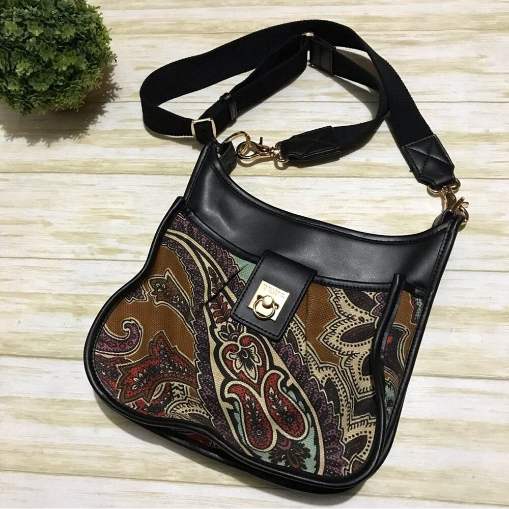 Spartina 449 Natural Linen Genuine Leather Paisley Print Shoulder Bag Purse‎